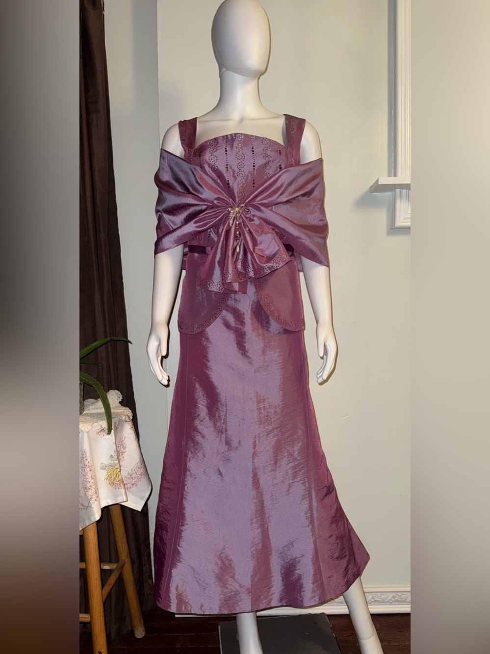 Dusty Rose Satin 3 Piece Skirt Set with Bow Accent